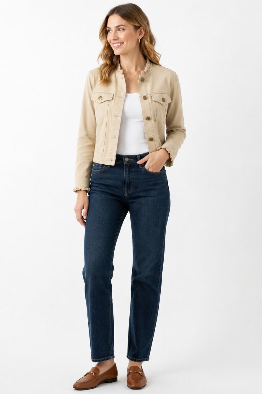 Draper James RSVP Ruffle Cotton Jacket L Tan Khaki Cropped Preppy Utility